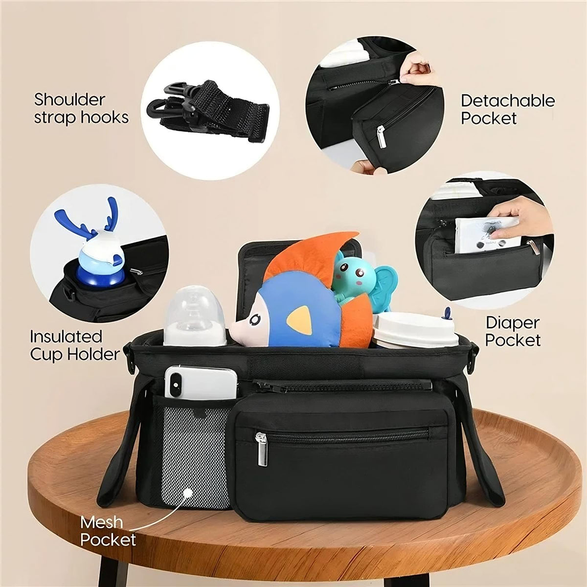 Pushchair Organiser Bag with Non-Slip Straps